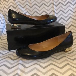 J.Crew black patent leather gold block heel flats